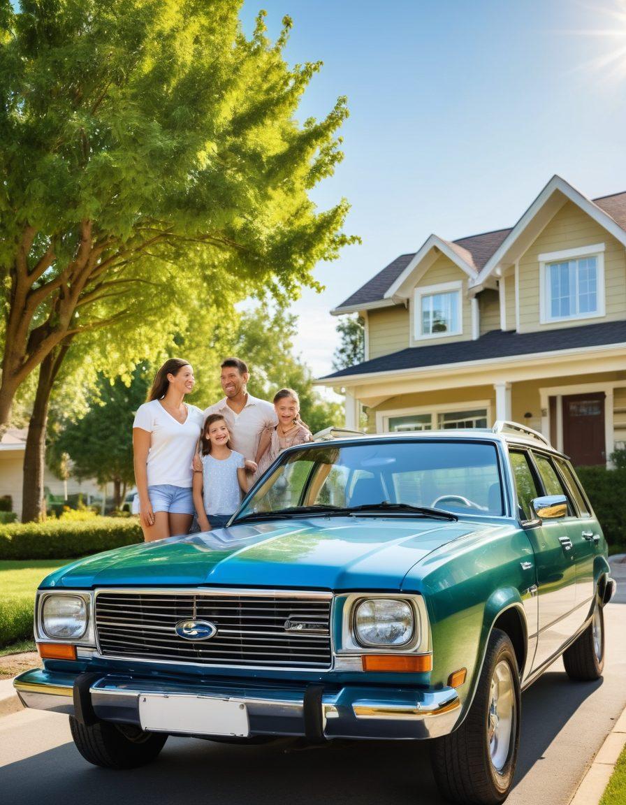 A happy family standing in front of a well-maintained car in a suburban setting, surrounded by colorful price tags showcasing various budget-friendly vehicle protection options like insurance, warranties, and maintenance plans. The scene has a bright sky and lush greenery, symbolizing peace of mind in car ownership. super-realistic. vibrant colors. cheerful atmosphere.