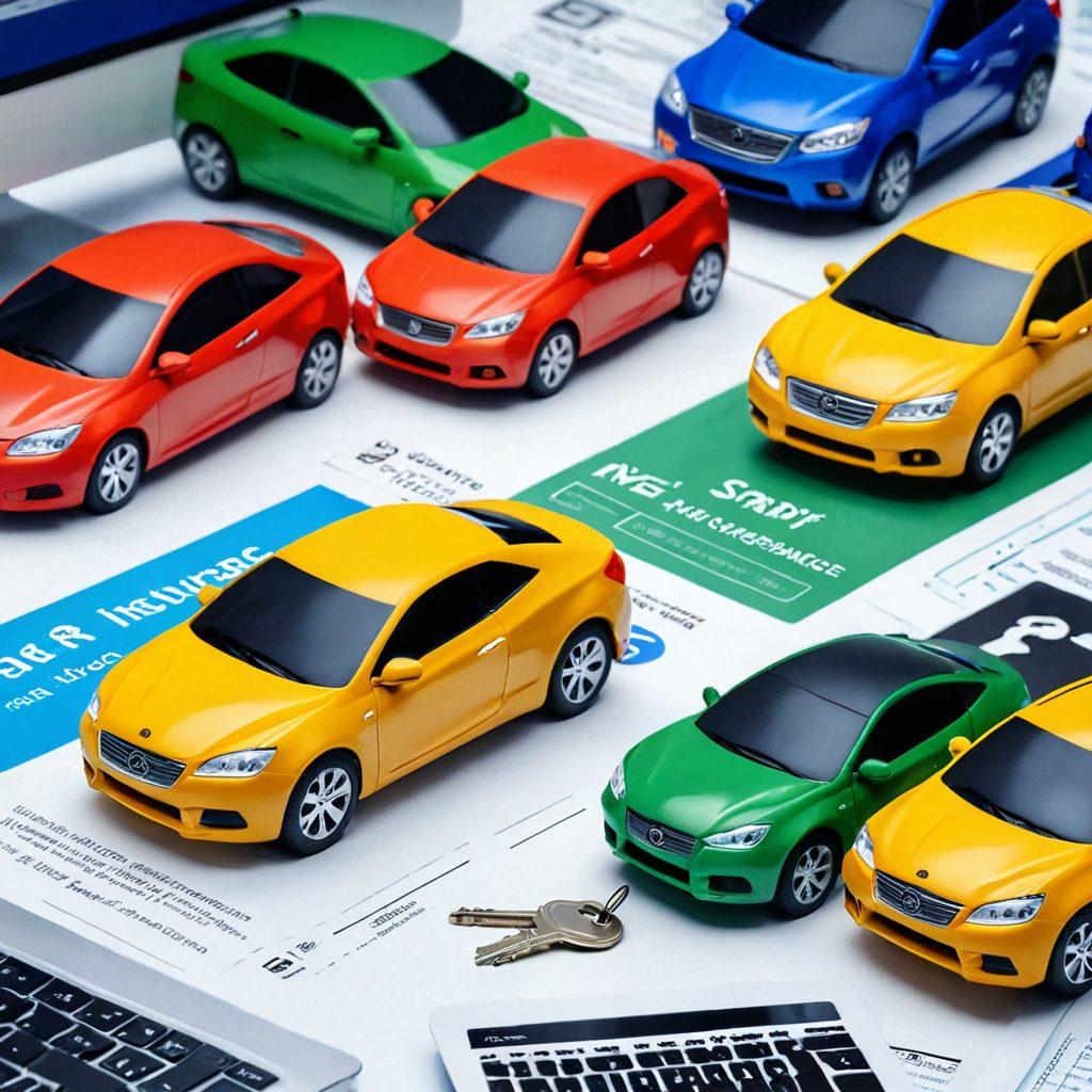 A vibrant collage featuring a diverse group of people comparing car insurance options on laptops, surrounded by visual elements like car keys, dollar signs, and policy documents. Include a background of various car models to signify choice. The atmosphere should be optimistic and informative, symbolizing empowerment in making smart insurance decisions. super-realistic. vibrant colors. white background.