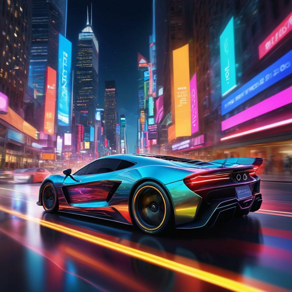 A dynamic and sleek digital representation of a car racing through a vibrant cityscape, surrounded by floating quotes and customizable insurance options. Include a mix of bold, colorful graphics that symbolize speed and personalization, with an emphasis on clarity and innovation. Use a modern, eye-catching style to attract attention. super-realistic. vibrant colors. 3D.